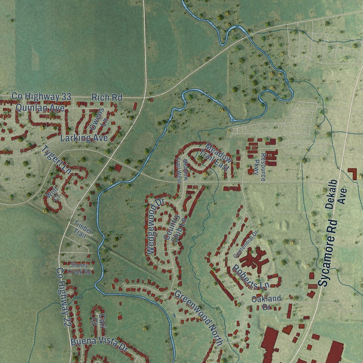 Second close-up of the map of DeKalb, Illinois print showing more streets and buildings