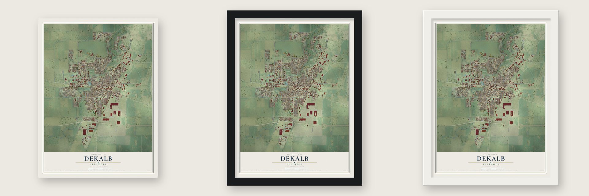 DeKalb, Illinois map unframed, in a black wood frame and in a white wood frame
