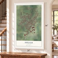 DeKalb, Illinois map, 24 x 36 inch print in a white frame by a staircase