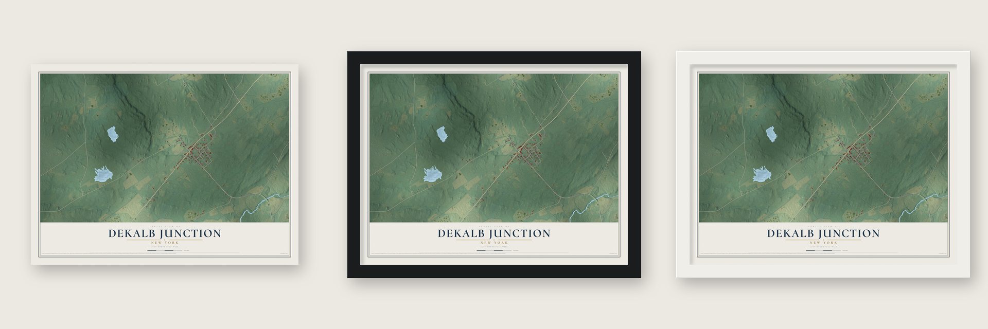 DeKalb Junction, New York map unframed, in a black wood frame and in a white wood frame