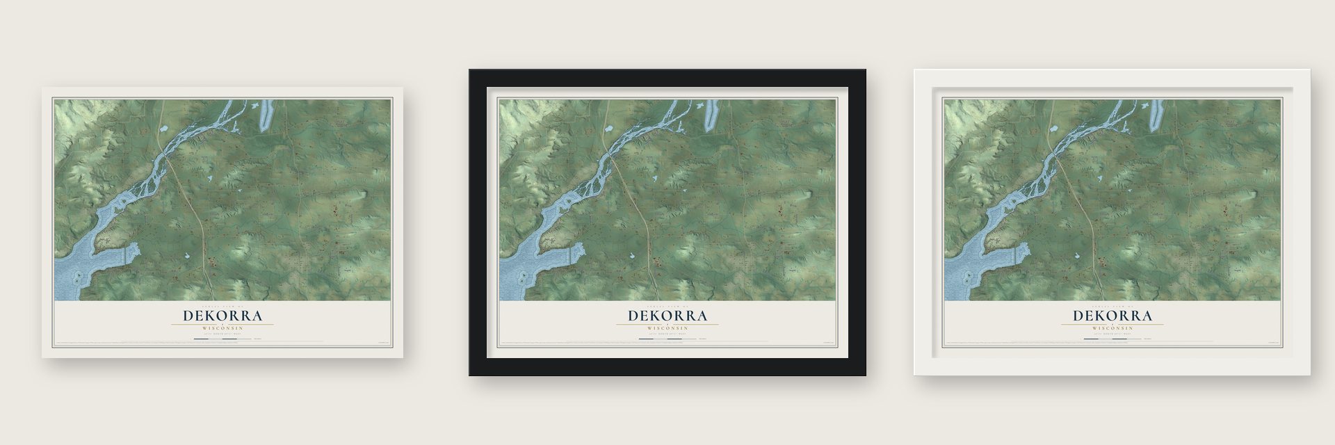 Dekorra, Wisconsin map unframed, in a black wood frame and in a white wood frame