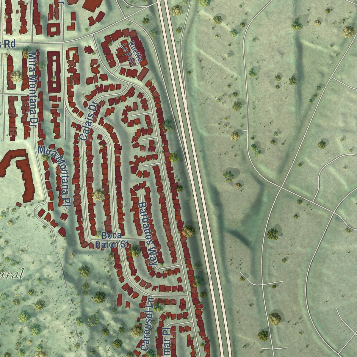 Second close-up of the map of Del Mar Heights, California print showing more streets and buildings