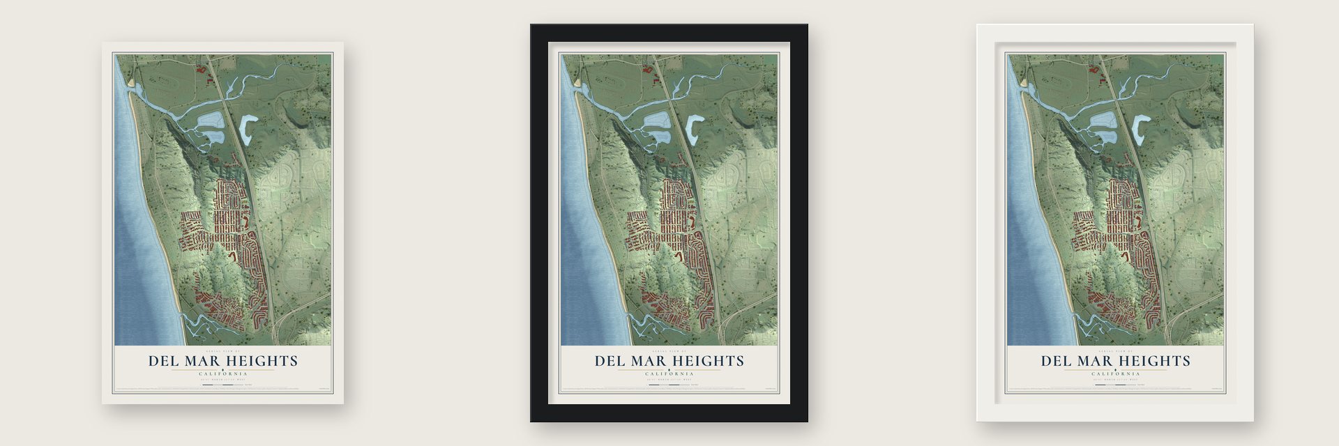 Del Mar Heights, California map unframed, in a black wood frame and in a white wood frame