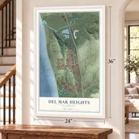 Del Mar Heights, California map, 24 x 36 inch print in a white frame by a staircase