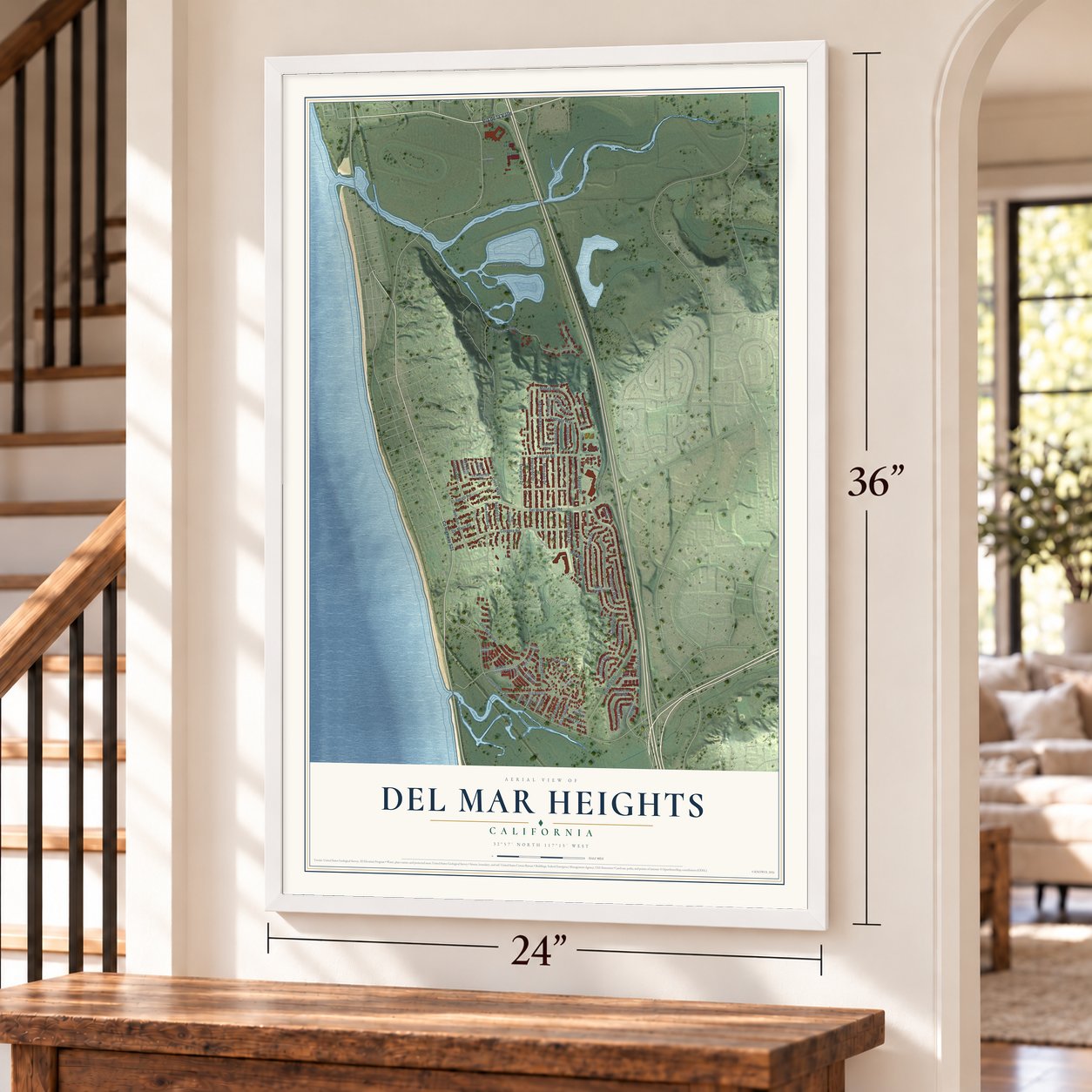 Del Mar Heights, California map, 24 x 36 inch print in a white frame by a staircase