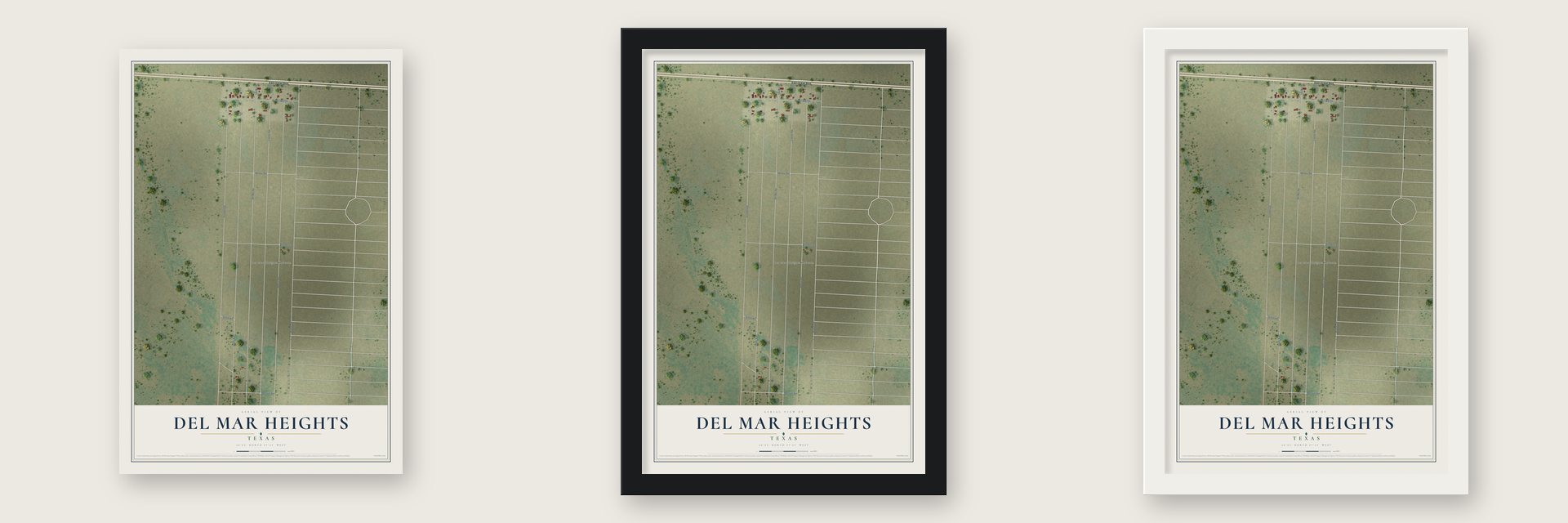 Del Mar Heights, Texas map unframed, in a black wood frame and in a white wood frame