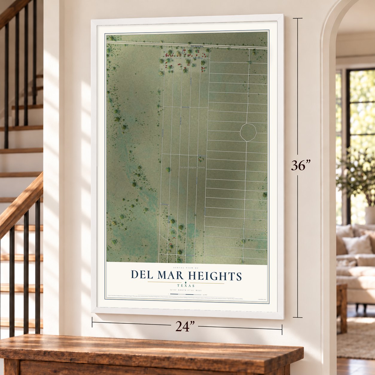 Del Mar Heights, Texas map, 24 x 36 inch print in a white frame by a staircase