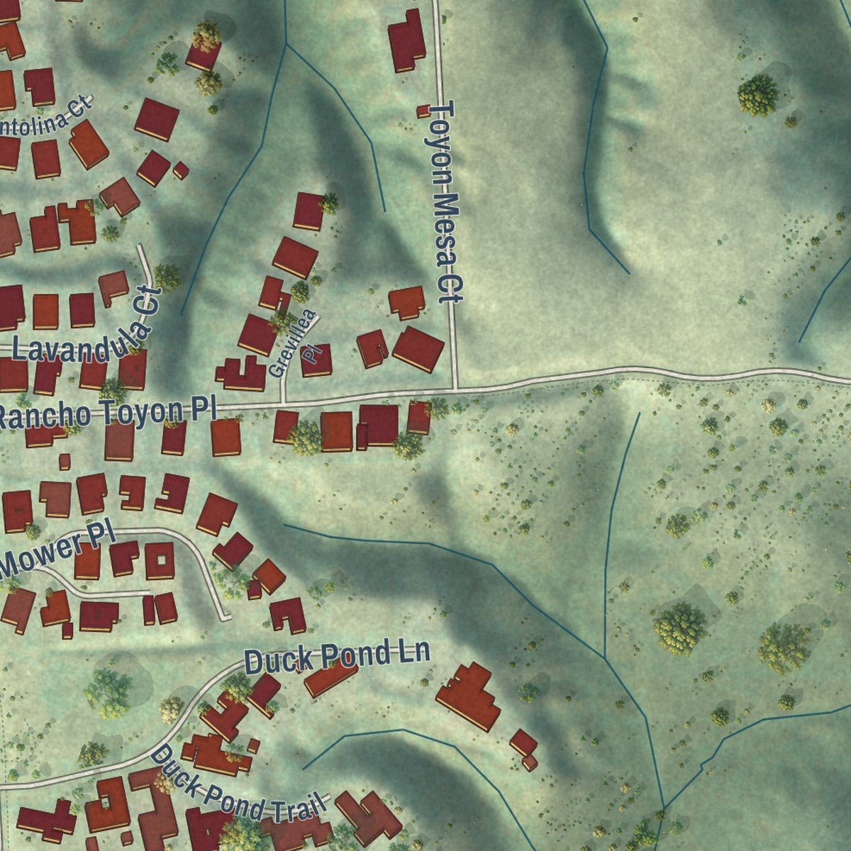 Second close-up of the map of Del Mar Mesa, California print showing more streets and buildings