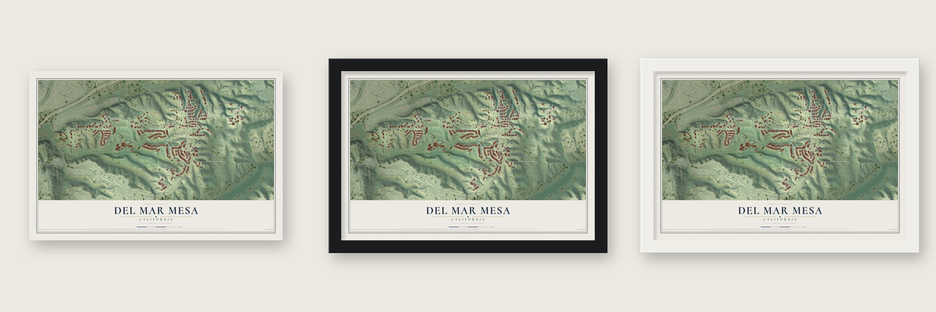 Del Mar Mesa, California map unframed, in a black wood frame and in a white wood frame