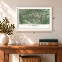 Del Mar Mesa, California map, 12 x 18 inch print in a white frame in an entryway