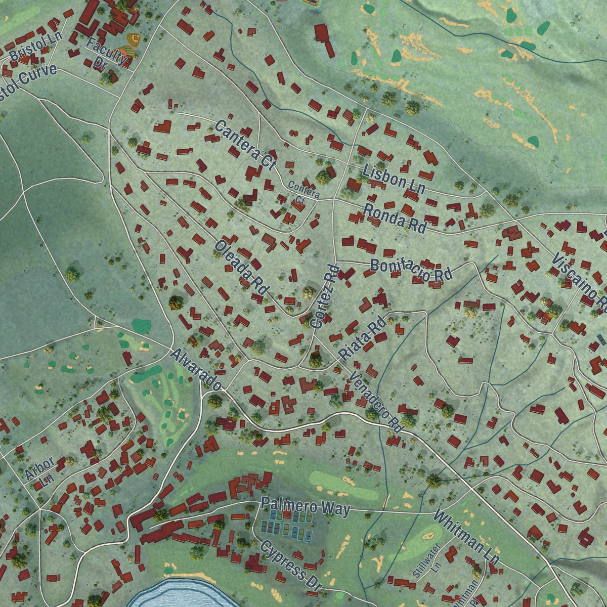Second close-up of the map of Del Monte Forest, California print showing more streets and buildings