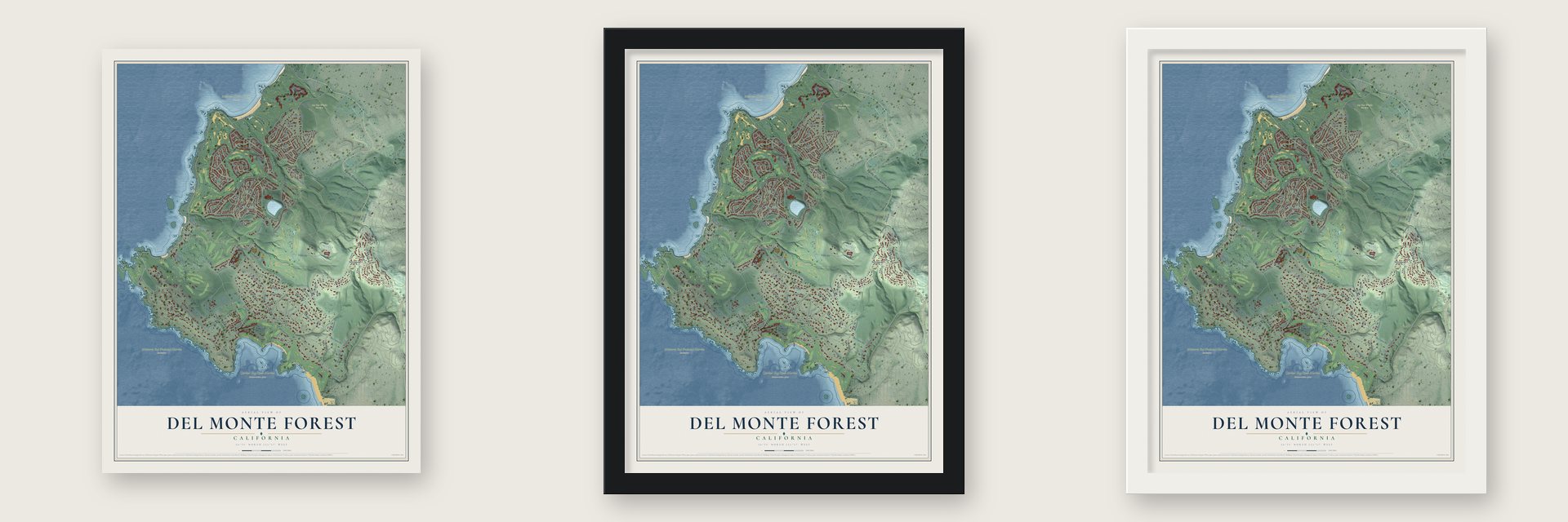 Del Monte Forest, California map unframed, in a black wood frame and in a white wood frame