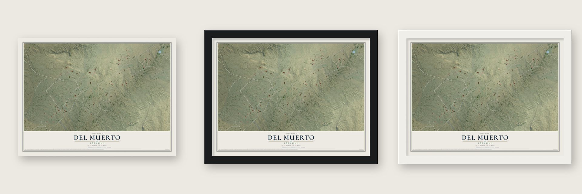 Del Muerto, Arizona map unframed, in a black wood frame and in a white wood frame