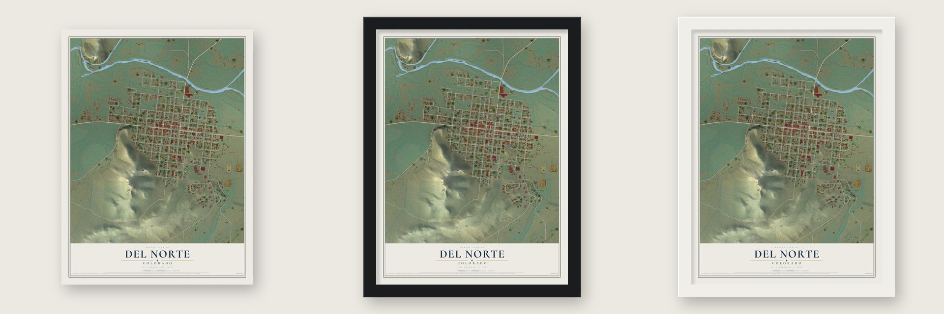 Del Norte, Colorado map unframed, in a black wood frame and in a white wood frame