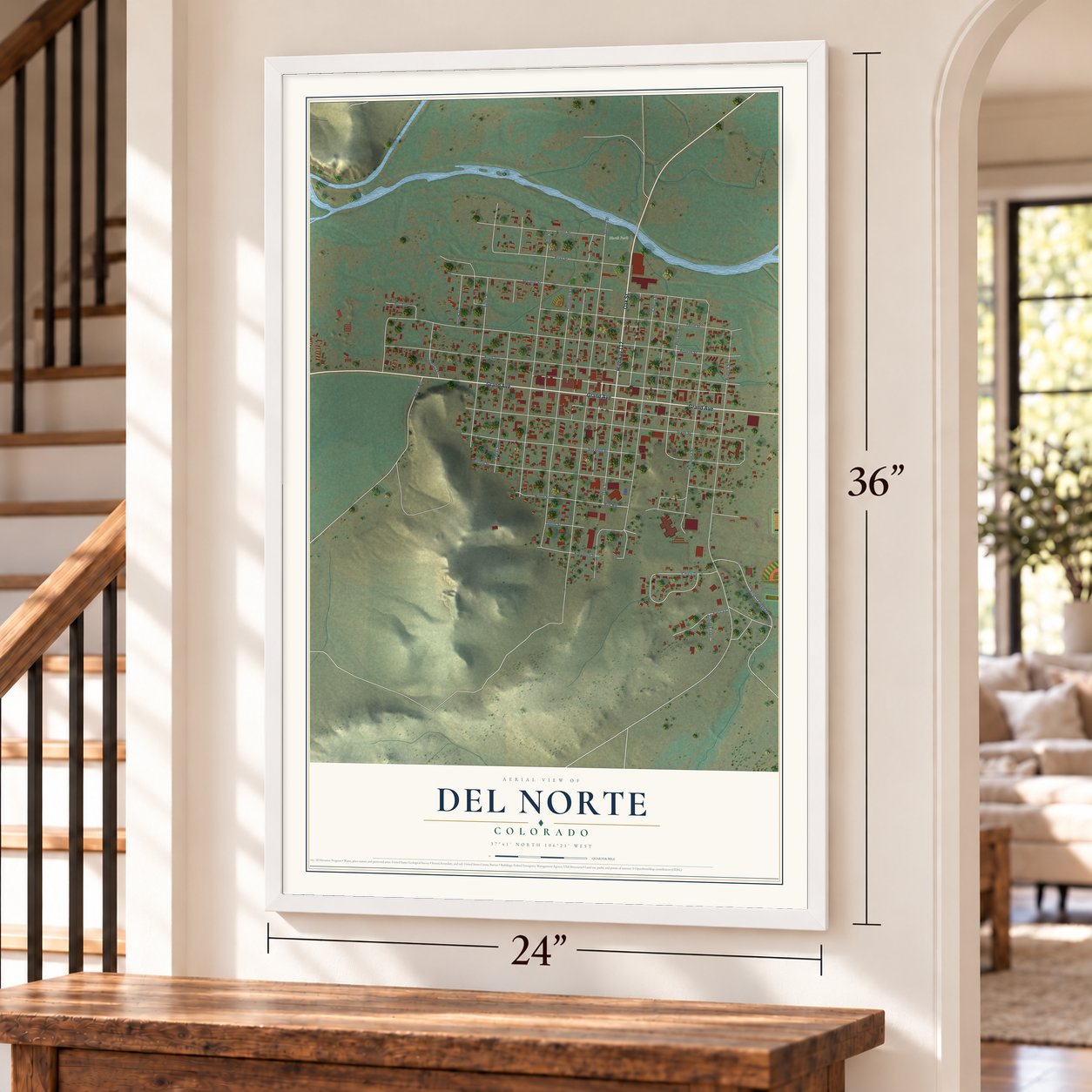 Del Norte, Colorado map, 24 x 36 inch print in a white frame by a staircase