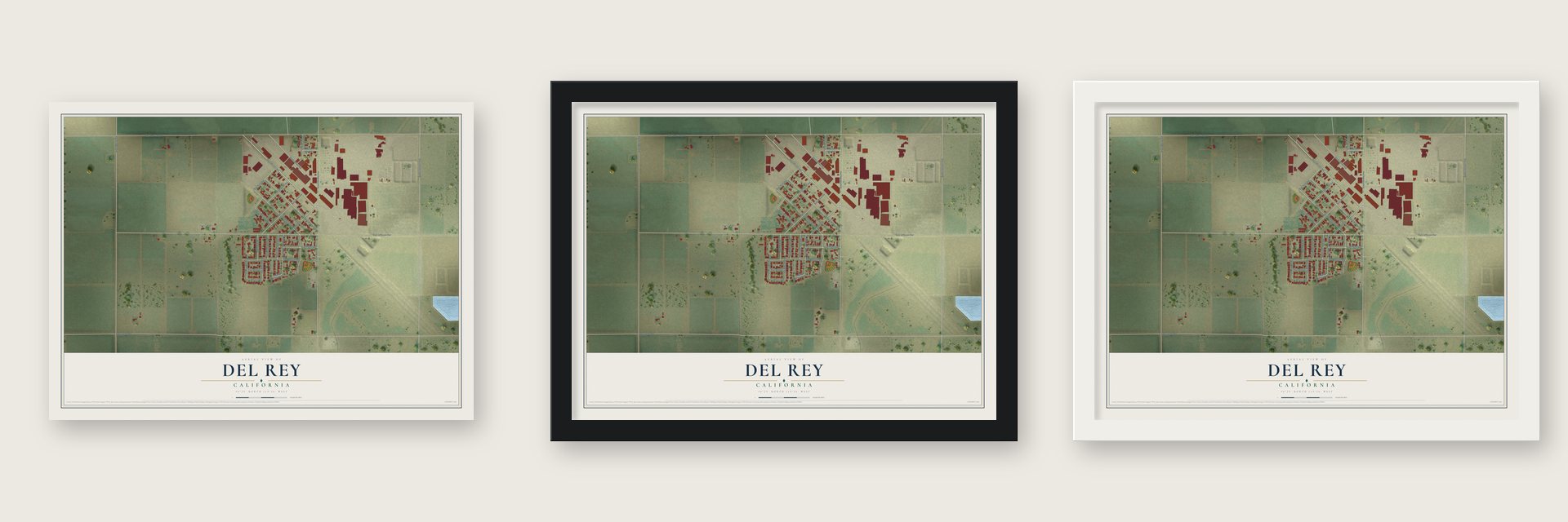 Del Rey, California map unframed, in a black wood frame and in a white wood frame