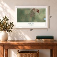 Del Rey, California map, 12 x 18 inch print in a white frame in an entryway