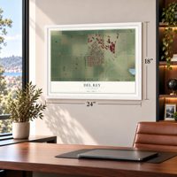 Del Rey, California map, 18 x 24 inch print in a white frame in a home office