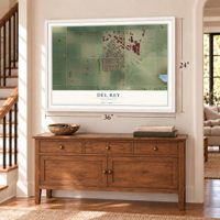 Del Rey, California map, 24 x 36 inch print in a white frame above a dresser by a staircase