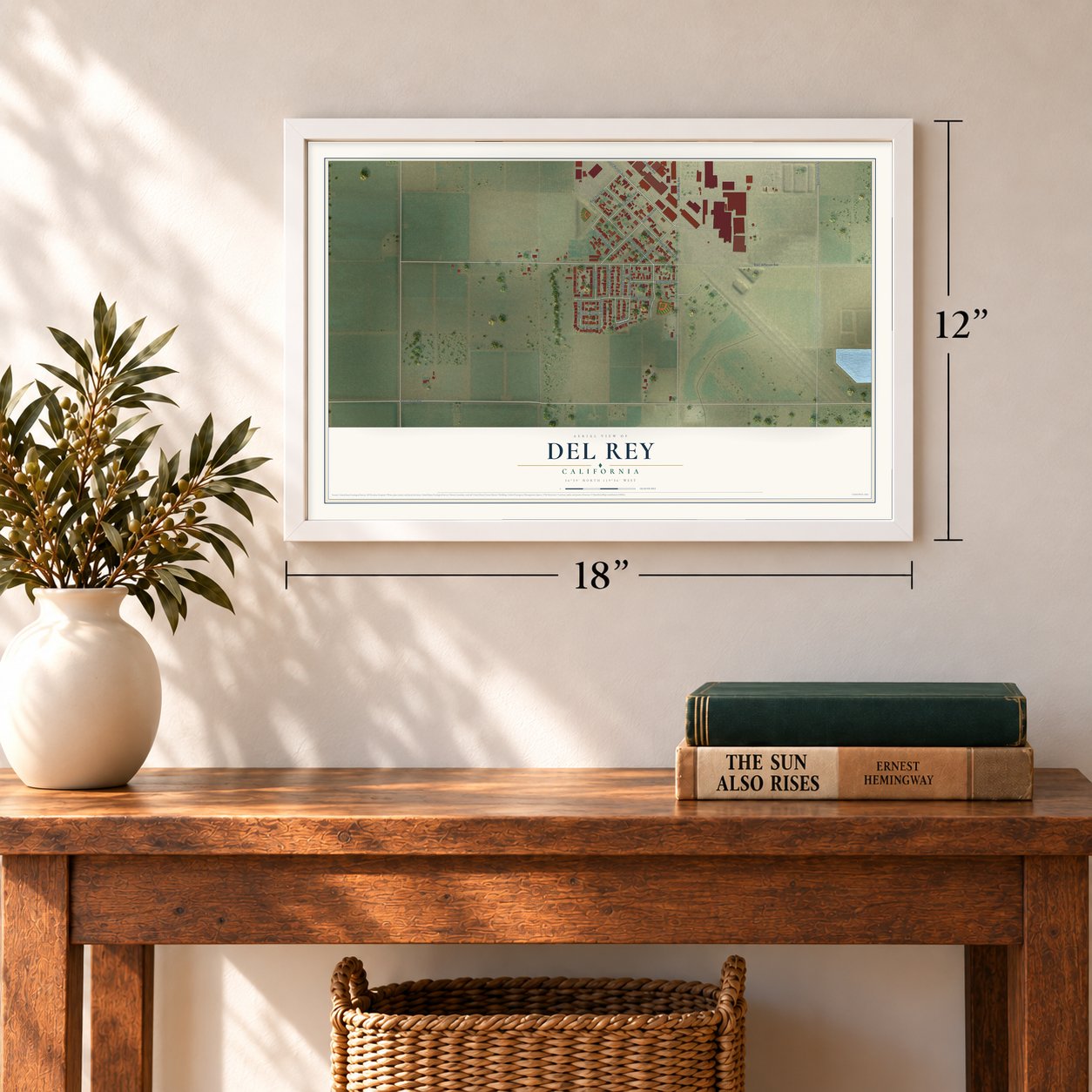 Del Rey, California map, 12 x 18 inch print in a white frame in an entryway