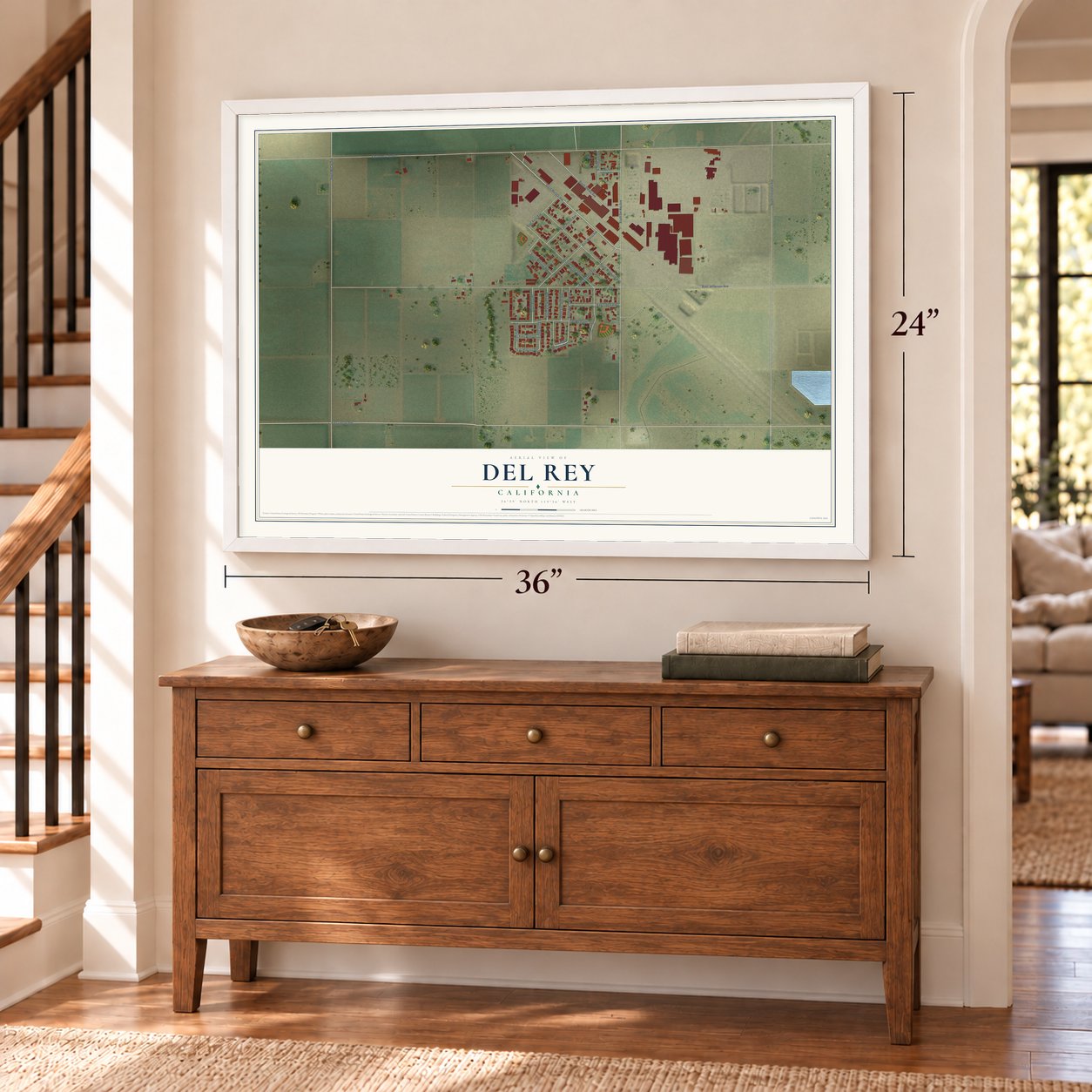 Del Rey, California map, 24 x 36 inch print in a white frame above a dresser by a staircase