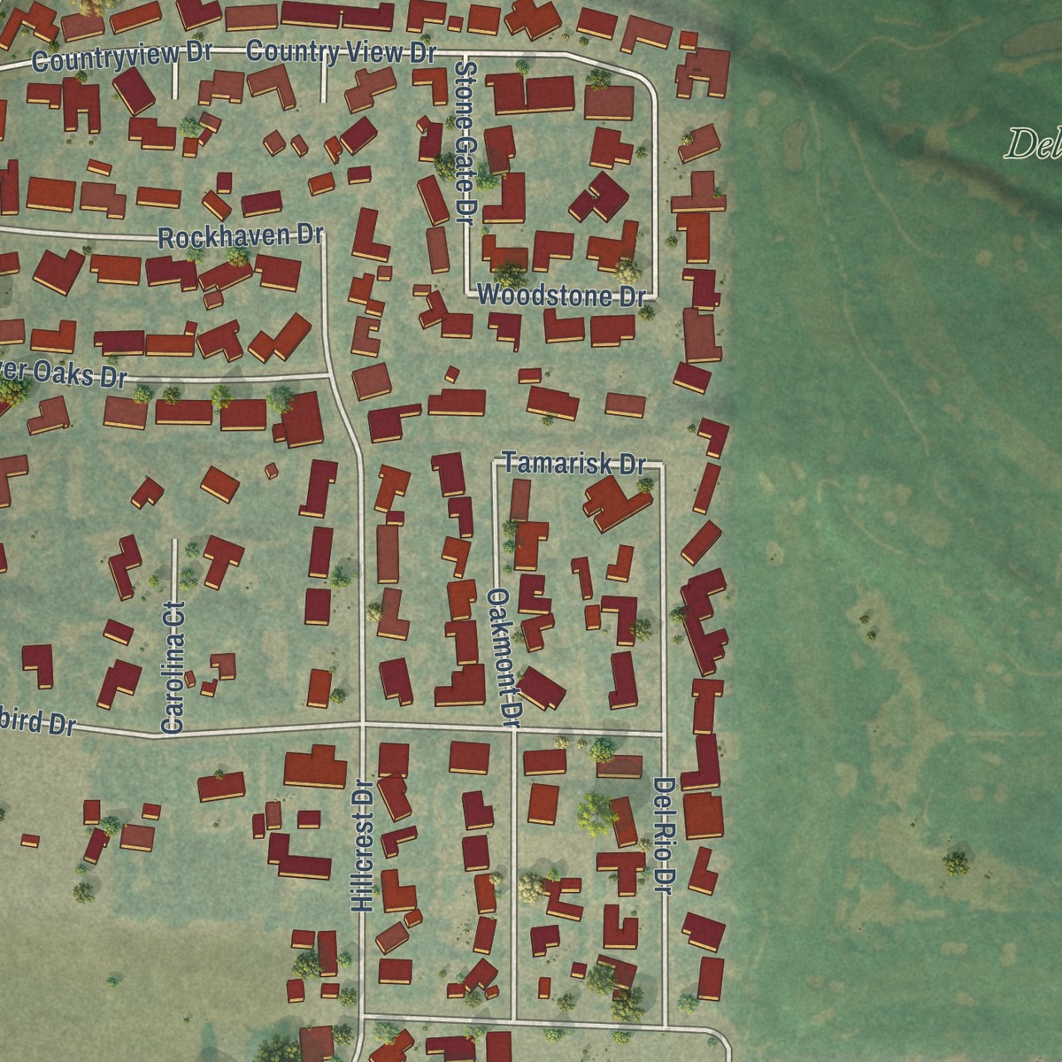 Second close-up of the map of Del Rio, California print showing more streets and buildings