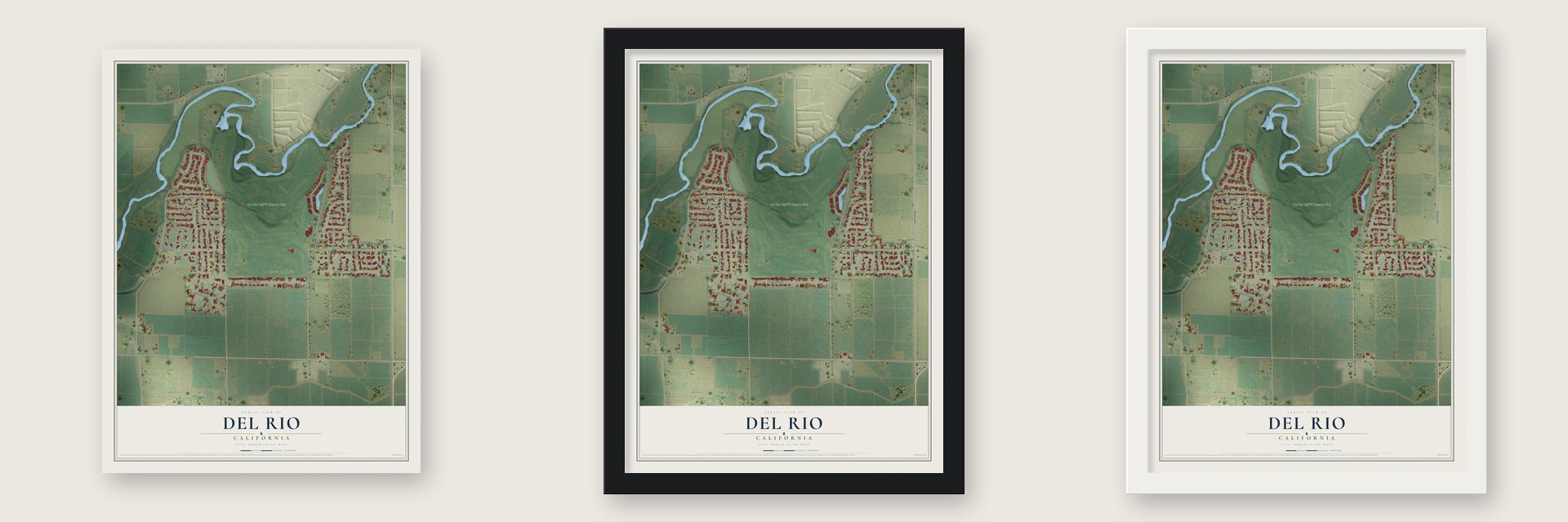 Del Rio, California map unframed, in a black wood frame and in a white wood frame