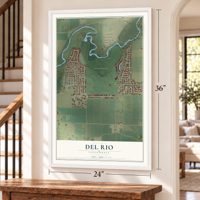 Del Rio, California map, 24 x 36 inch print in a white frame by a staircase