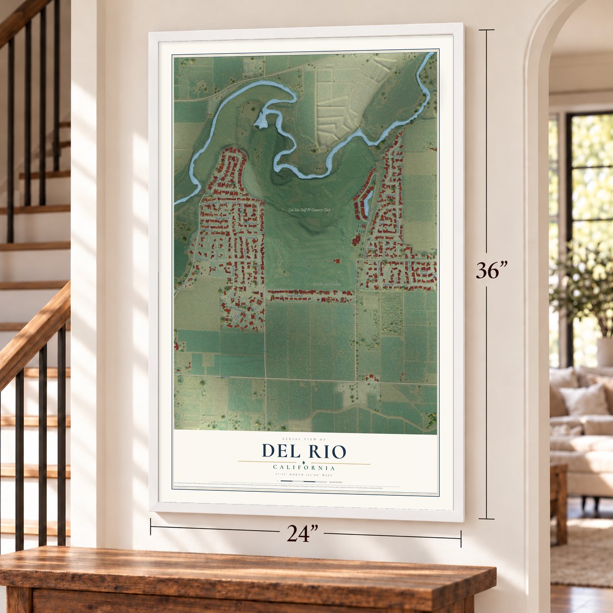 Del Rio, California map, 24 x 36 inch print in a white frame by a staircase