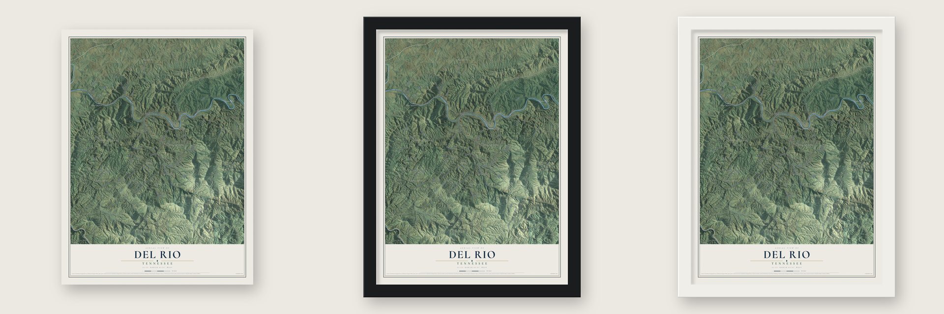 Del Rio, Tennessee map unframed, in a black wood frame and in a white wood frame