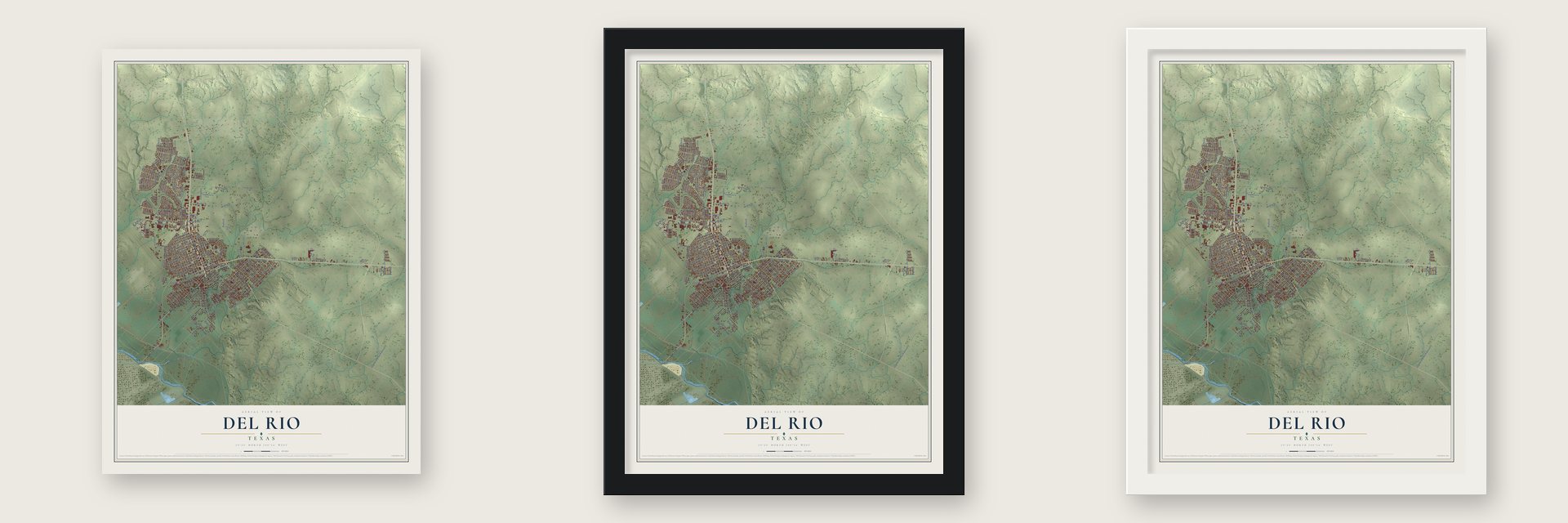 Del Rio, Texas map unframed, in a black wood frame and in a white wood frame