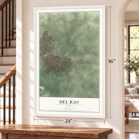 Del Rio, Texas map, 24 x 36 inch print in a white frame by a staircase
