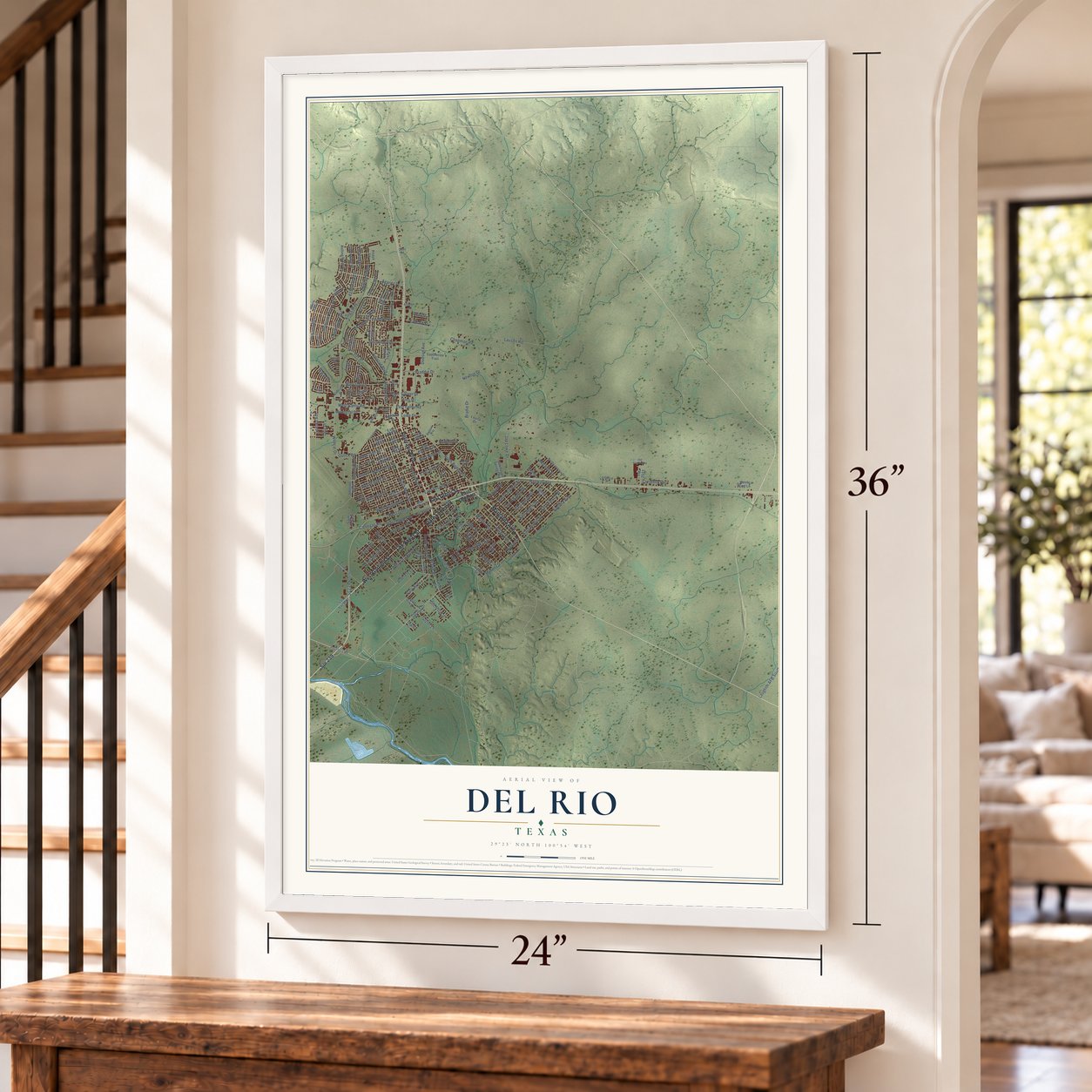 Del Rio, Texas map, 24 x 36 inch print in a white frame by a staircase