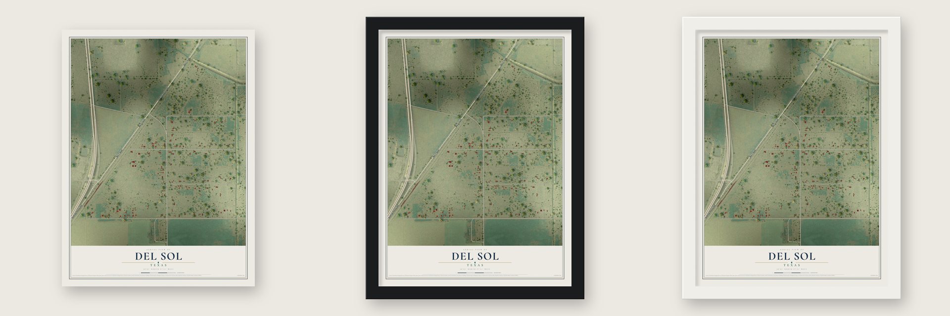 Del Sol, Texas map unframed, in a black wood frame and in a white wood frame
