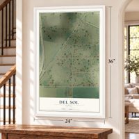 Del Sol, Texas map, 24 x 36 inch print in a white frame by a staircase