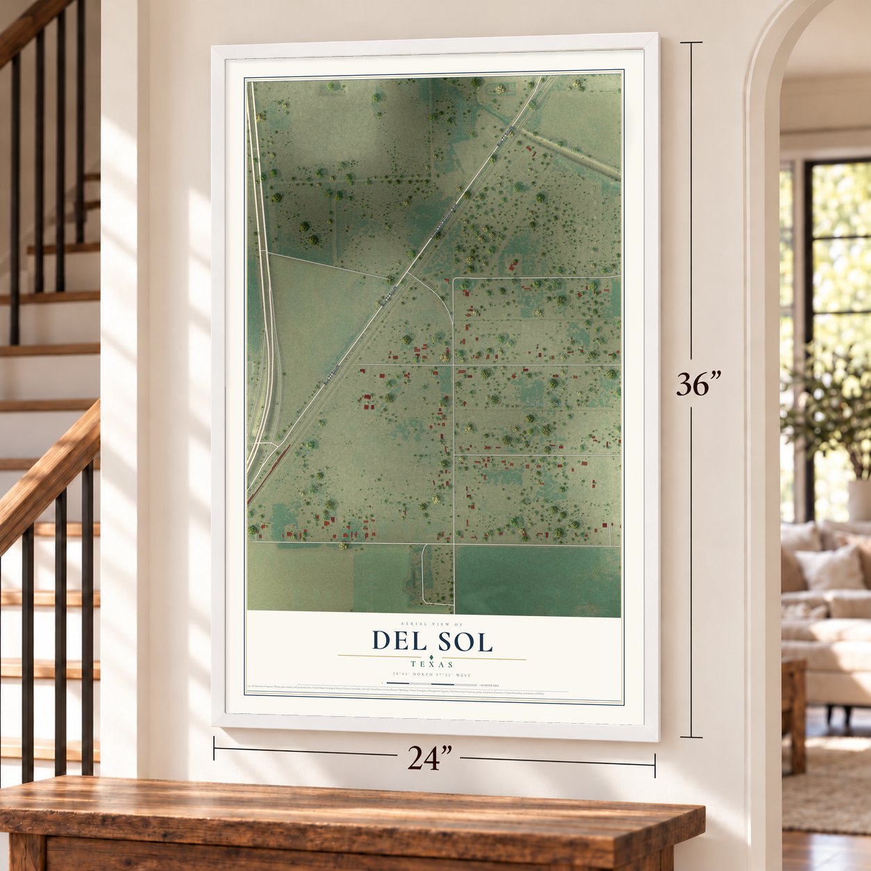 Del Sol, Texas map, 24 x 36 inch print in a white frame by a staircase