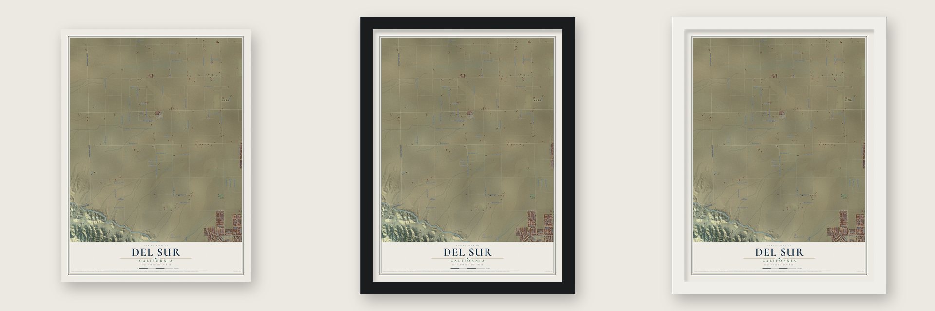 Del Sur, California map unframed, in a black wood frame and in a white wood frame