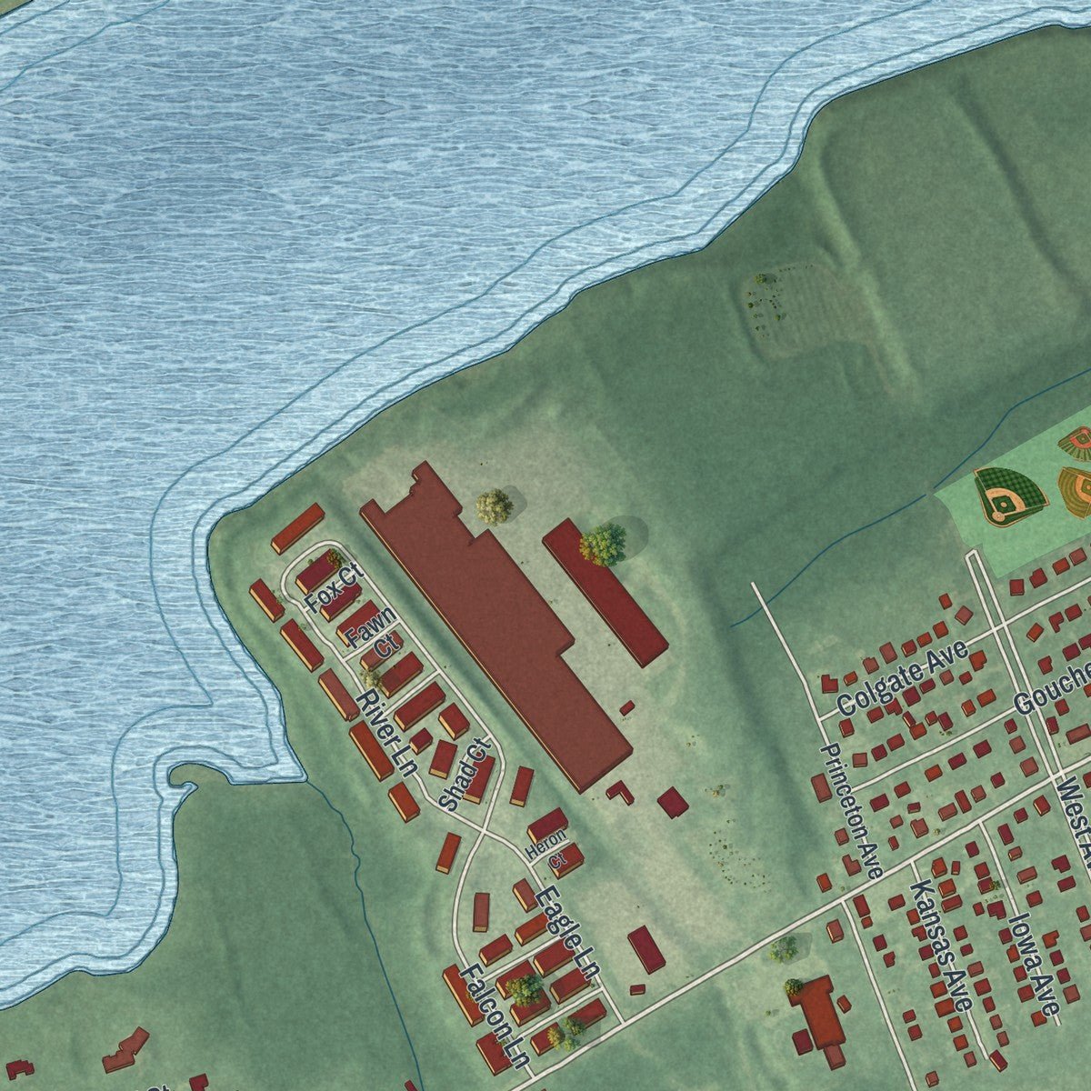 Second close-up of the map of Delanco, New Jersey print showing more streets and buildings