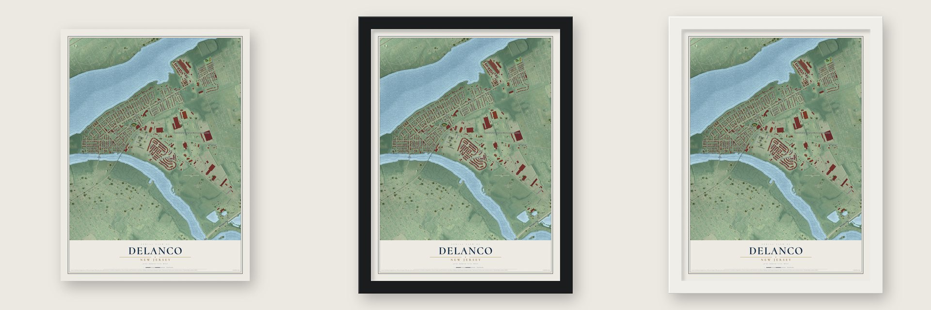Delanco, New Jersey map unframed, in a black wood frame and in a white wood frame