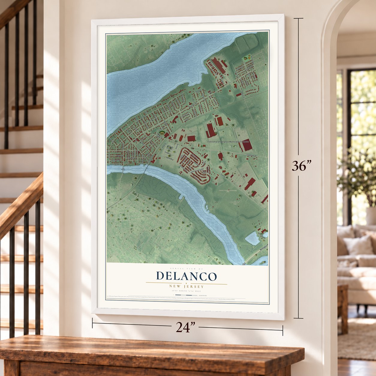Delanco, New Jersey map, 24 x 36 inch print in a white frame by a staircase