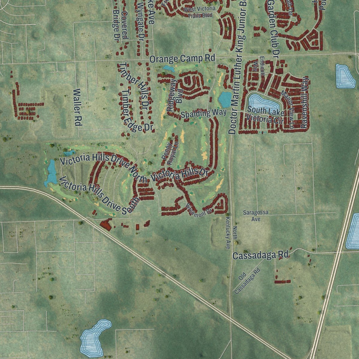 Second close-up of the map of DeLand, Florida print showing more streets and buildings