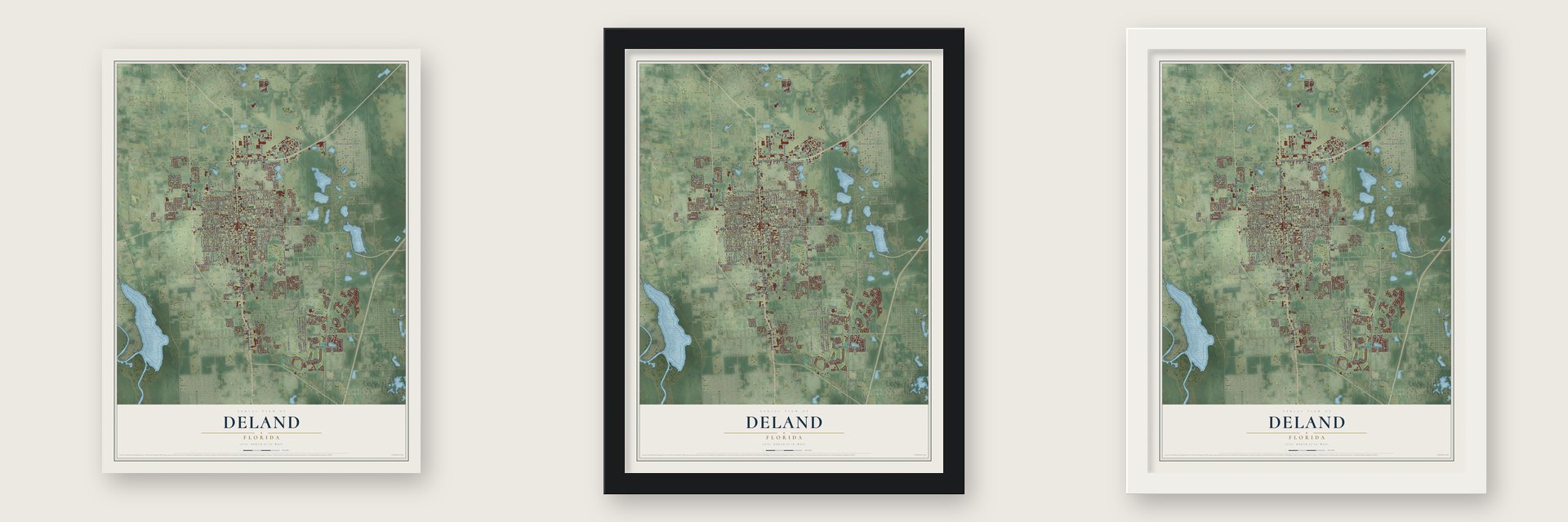 DeLand, Florida map unframed, in a black wood frame and in a white wood frame