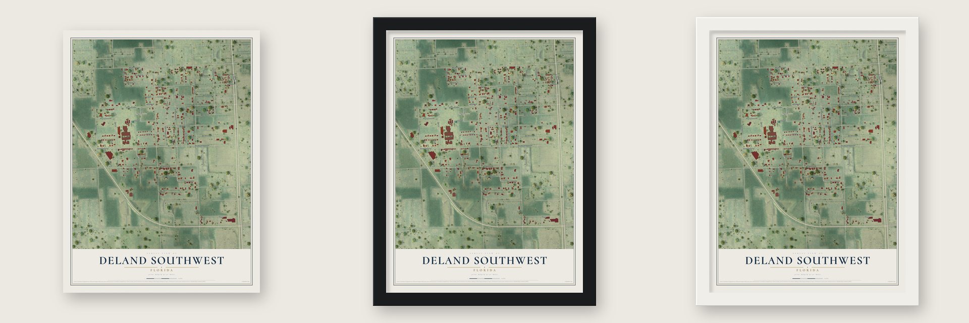 DeLand Southwest, Florida map unframed, in a black wood frame and in a white wood frame