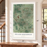 DeLand Southwest, Florida map, 24 x 36 inch print in a white frame by a staircase