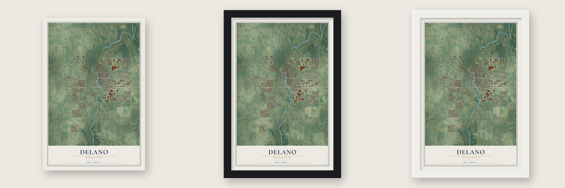 Delano, Minnesota map unframed, in a black wood frame and in a white wood frame