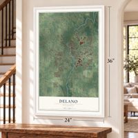 Delano, Minnesota map, 24 x 36 inch print in a white frame by a staircase
