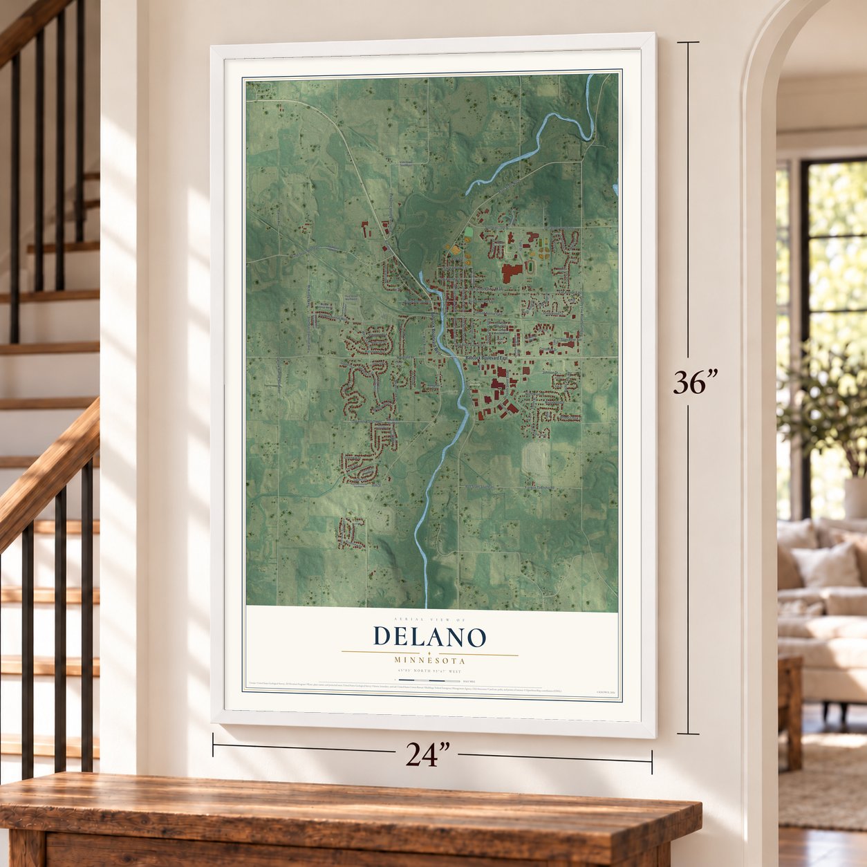 Delano, Minnesota map, 24 x 36 inch print in a white frame by a staircase