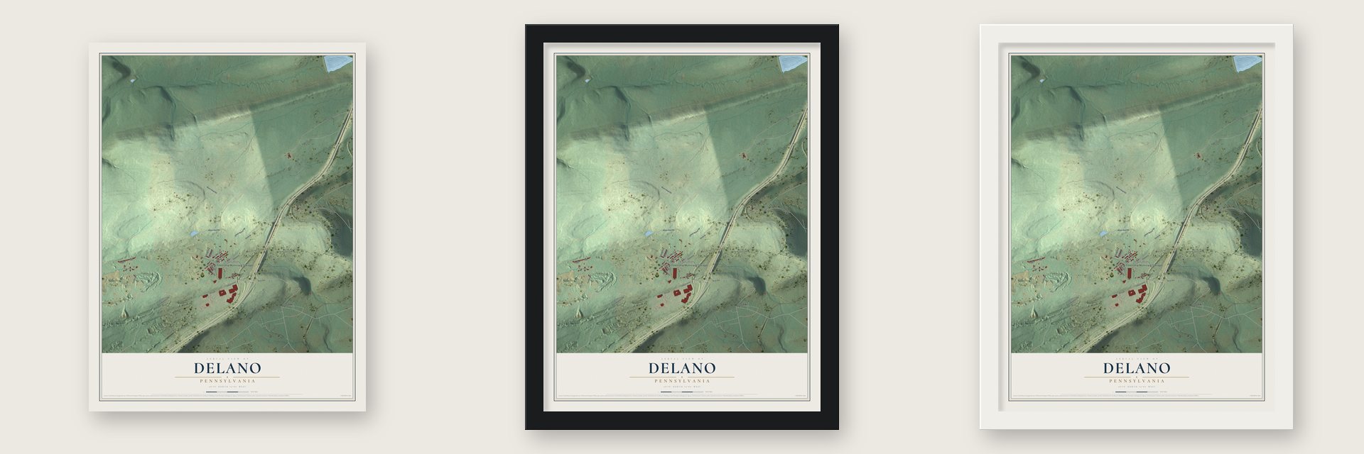 Delano, Pennsylvania map unframed, in a black wood frame and in a white wood frame