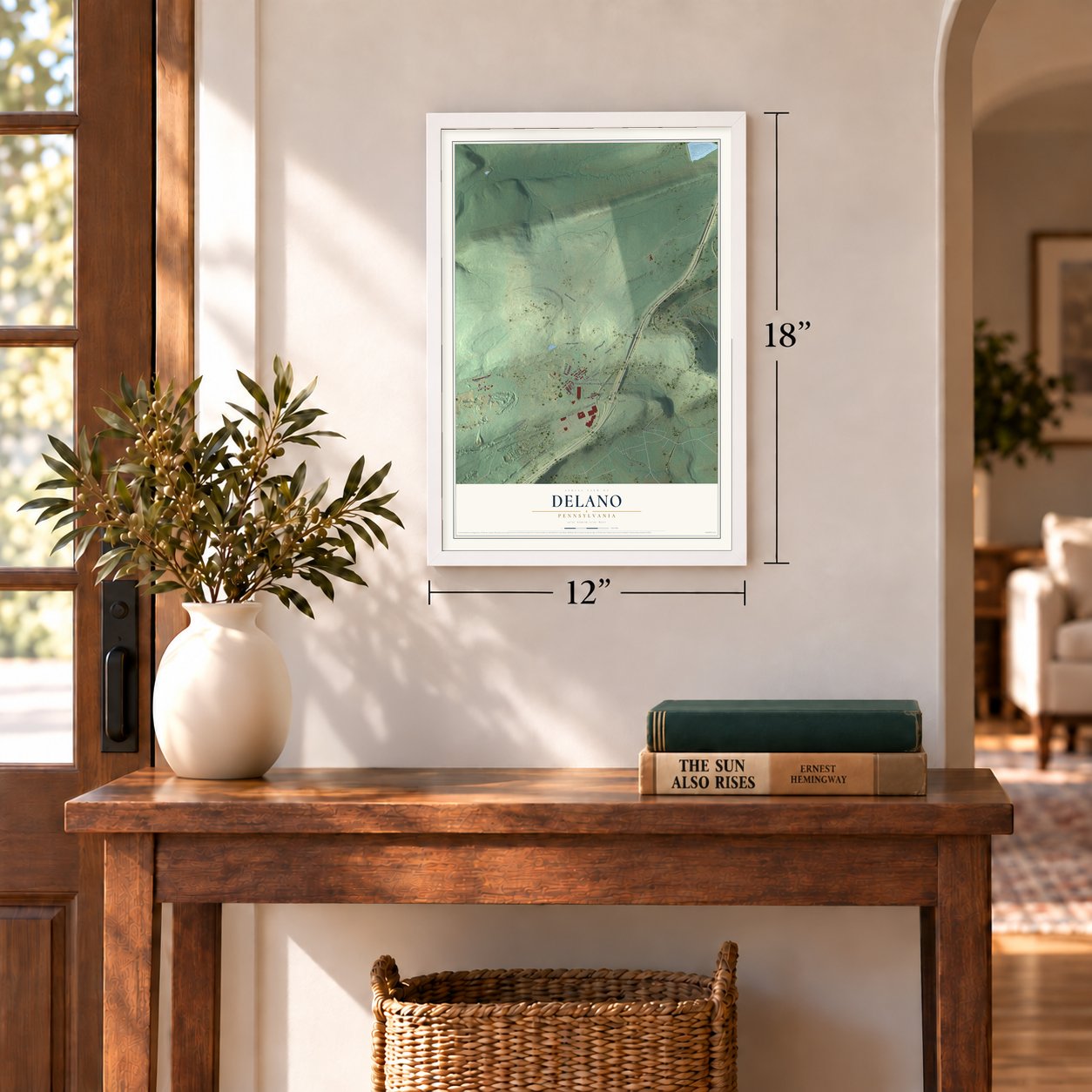 Delano, Pennsylvania map, 12 x 18 inch print in a white frame in an entryway