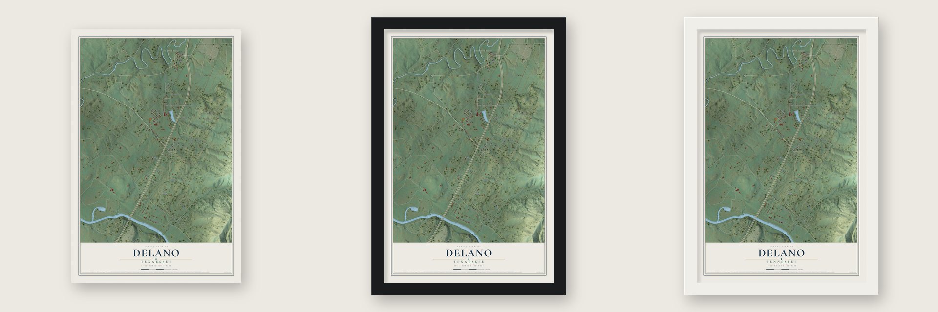Delano, Tennessee map unframed, in a black wood frame and in a white wood frame